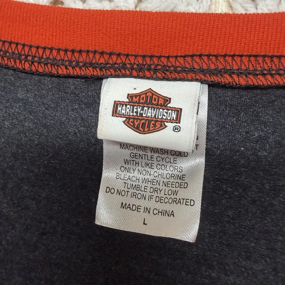 Harley Davidson Top Shirt Women Size L Black orange Motorcycle 3/4 Sleeve V Neck - Picture 9 of 10